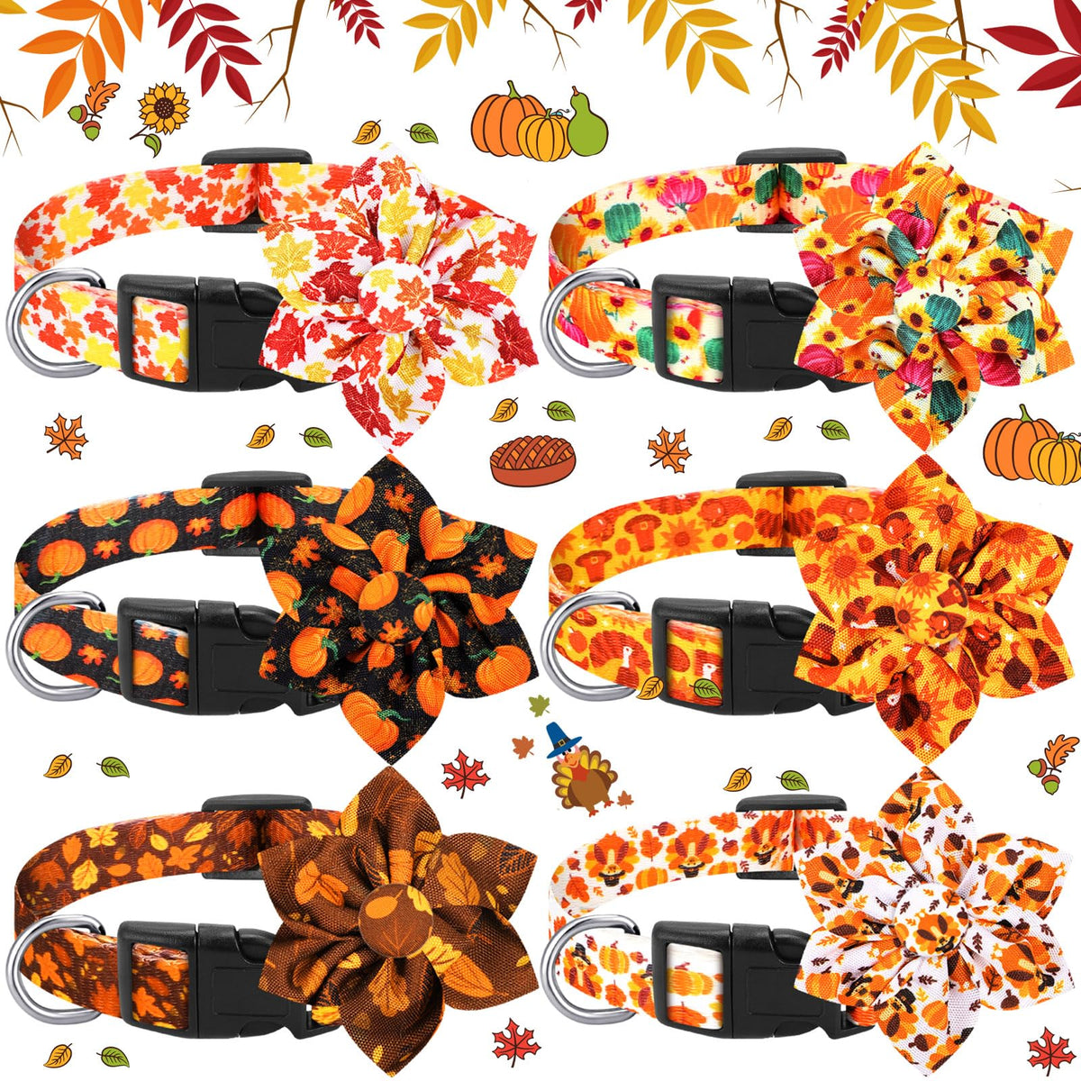 6 Pcs Fall Dog Collars for Dogs Adjustable Thanksgiving Dog Collar(small)