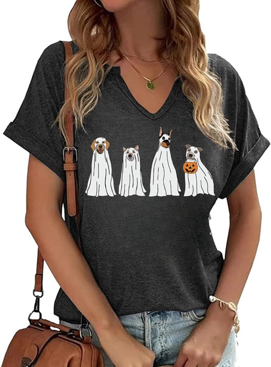 Women Cute Fall T-Shirt V Neck Ghost Dog Shirts