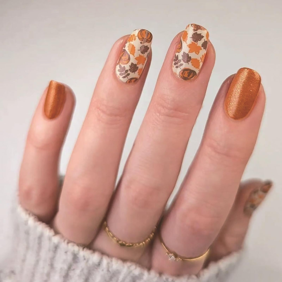 Square Press on Nails Fall Thanksgiving Fake Nails with Maple Leaf & Pumpkin