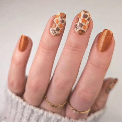 Square Press on Nails Fall Thanksgiving Fake Nails with Maple Leaf & Pumpkin