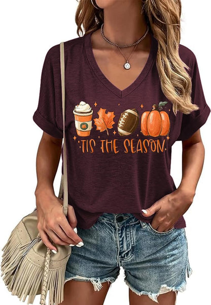 Tis The Season V Neck Shirt Women Fall